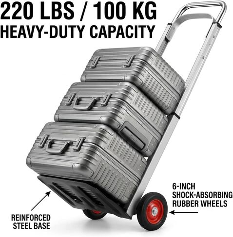 Folding Aluminum Hand Truck, 220 lbs Capacity, Heavy-Duty, Portable Collapsible Dolly with 6-Inch Rubber Wheels, for Moving, Office, Travel, and Home Appliances (Silver) in Kuwait