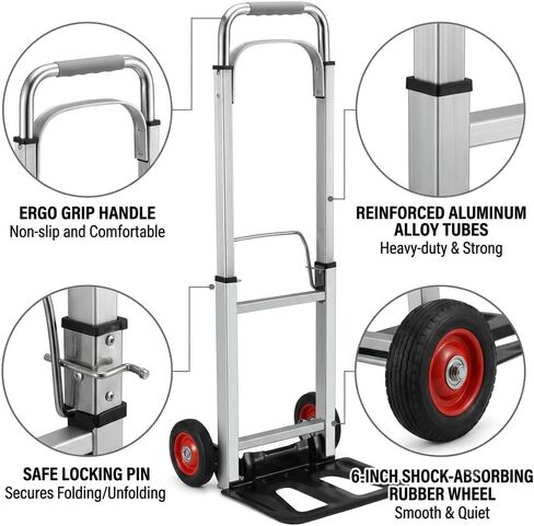 Folding Aluminum Hand Truck, 220 lbs Capacity, Heavy-Duty, Portable Collapsible Dolly with 6-Inch Rubber Wheels, for Moving, Office, Travel, and Home Appliances (Silver) in Kuwait