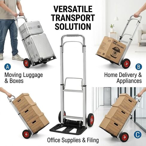 Folding Aluminum Hand Truck, 220 lbs Capacity, Heavy-Duty, Portable Collapsible Dolly with 6-Inch Rubber Wheels, for Moving, Office, Travel, and Home Appliances (Silver) in Kuwait