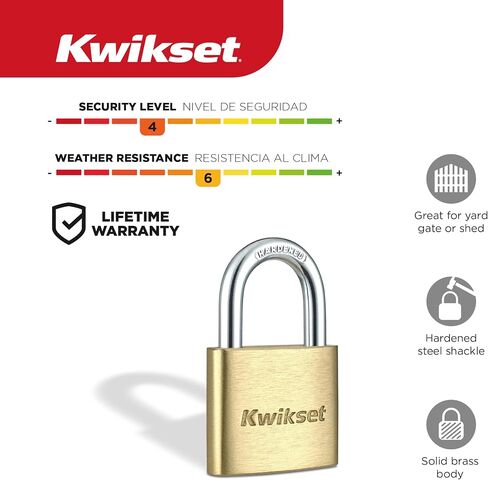 قفل نحاسي من Kwikset مع تكبل فولاذي مقوى، خزانة داخلية وخارجية وقفل تخزين، هيكل 1-9/16 بوصة، تكبل 7/8 بوصة، عبوتان بمفتاح على حد سواء، نحاس in Kuwait