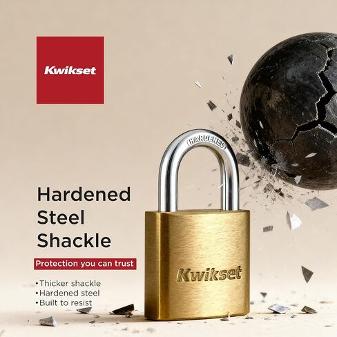 قفل نحاسي من Kwikset مع تكبل فولاذي مقوى، خزانة داخلية وخارجية وقفل تخزين، هيكل 1-9/16 بوصة، تكبل 7/8 بوصة، عبوتان بمفتاح على حد سواء، نحاس in Kuwait