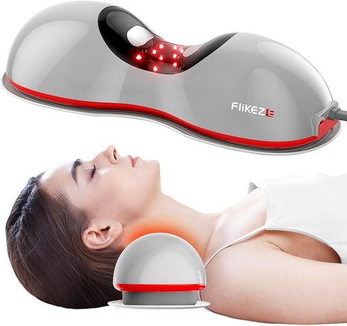 FliKEZE Heated Neck Stretcher with Red Light, Wireless Massager Pillow | 660nm/850nm Red Light, 3 Heat Levels & 5 Massage Modes, Ergonomic Design for Home Office Use to Relieve Neck Pain, Grey in Kuwait