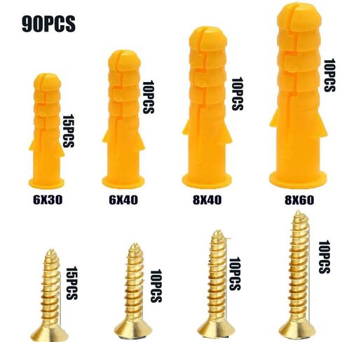 Plastic Self-Tapping Thread Drywall and Wall Anchors with Screw Set, 90-Piece Wall Plug Anchors Expansion Bolt Tube with Nylon and PE Composite Material for Drywall, Concrete, Brick, Wood in Kuwait