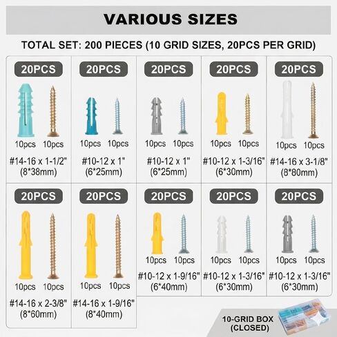 200Pcs Drywall Anchors and Screws Assortment Kit, 10 Sizes Plastic Wall Anchors with Carbon Steel Screws Heavy Duty Wall Hanging Kit for Frame Art Decor, Concrete & Drywall in Kuwait