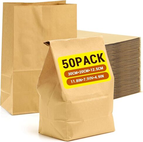 Tikxlafe Paper Lunch Bags 50 Pcs, 11.8x7.9x4.9 Inch Disposable Kraft Paper Lunch Sacks, Brown Paper Grocery Bags for Food, Sandwiches, Snacks, Treats, Popcorn, Take Out and Crafts, Gift in Kuwait