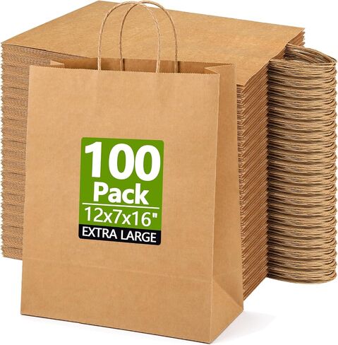 أكياس ورق بنية كبيرة بمقابض مقاس 12 × 7 × 16 بوصة، 100 عبوة من أكياس بقالة كرافت قابلة لإعادة الاستخدام للبيع بالتجزئة، وتناول الطعام في الخارج، والتسوق، وتغليف الهدايا in Kuwait