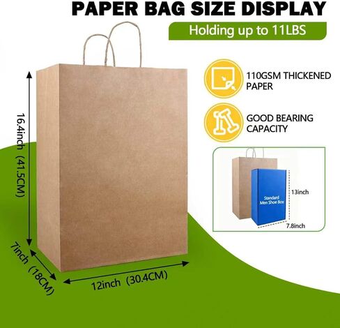 أكياس ورق بنية كبيرة بمقابض مقاس 12 × 7 × 16 بوصة، 100 عبوة من أكياس بقالة كرافت قابلة لإعادة الاستخدام للبيع بالتجزئة، وتناول الطعام في الخارج، والتسوق، وتغليف الهدايا in Kuwait