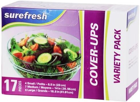 Surefresh Bowl Cover-Ups - 17 Pack Elastic Disposable Covers(4 Small, 7 Medium & 6 Large) - Stretchable Food Storage Solutions for Bowls - Fresh Keeping Bags for Kitchen Wrap and Seal, Transparent in Kuwait