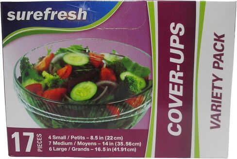 Surefresh Bowl Cover-Ups - 17 Pack Elastic Disposable Covers(4 Small, 7 Medium & 6 Large) - Stretchable Food Storage Solutions for Bowls - Fresh Keeping Bags for Kitchen Wrap and Seal, Transparent in Kuwait