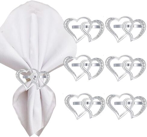 6 Set Valentine's Day Heart Napkin Rings, Metal Double Heart Shape Napkin Ring Holder Buckles for Valentine's Day Wedding Anniversary Birthday Party Table Decoration Supplies (Silver, M) in Kuwait