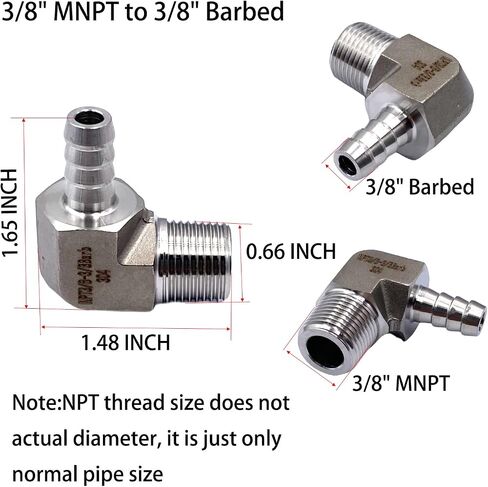 2 قطعة 3/8 "MNPT إلى 3/8" تركيبات شائكة، خرطوم بارب من الفولاذ المقاوم للصدأ 90 درجة إلى محولات خيط ذكر NPT لأنظمة الغازات والمياه والزيوت والوقود in Kuwait