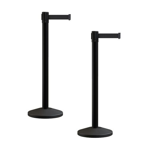 Crowd Control Warehouse CCW Series RBB-100 - مجموعة من 2 حواجز حزام قابلة للسحب - 9 أقدام، حزام رمادي داكن مع عمود أسود - تجميع سهل in Kuwait