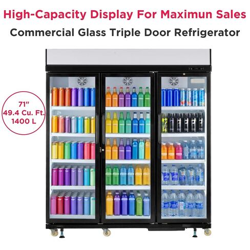 Frigidaire Commercial, 70.9" Triple Door Glass Display Refrigerator, Merchandiser Fridge, 49 Cu Ft, LED Lighting, 8 Wire Shelves, Digital Temperature Control, Self-Closing Glass Doors in Kuwait