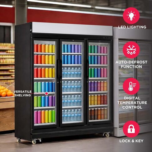 Frigidaire Commercial, 70.9" Triple Door Glass Display Refrigerator, Merchandiser Fridge, 49 Cu Ft, LED Lighting, 8 Wire Shelves, Digital Temperature Control, Self-Closing Glass Doors in Kuwait