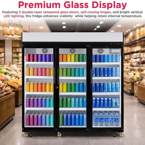 Frigidaire Commercial, 70.9" Triple Door Glass Display Refrigerator, Merchandiser Fridge, 49 Cu Ft, LED Lighting, 8 Wire Shelves, Digital Temperature Control, Self-Closing Glass Doors in Kuwait