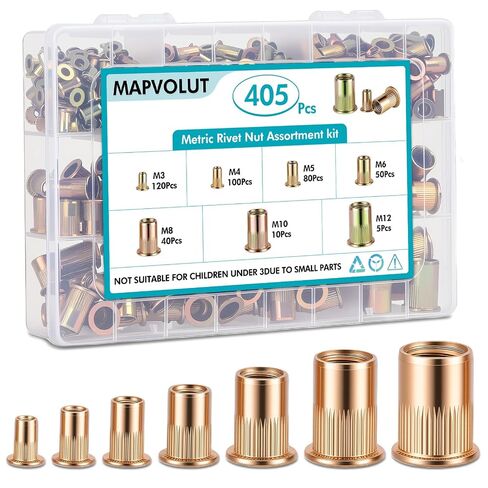 مجموعة متنوعة من صواميل البرشام المترية من MAPVOLUT مكونة من 405 قطعة | M3-M12 UNC رأس مسطح ملولب مجموعة Nutsert للمعادن | صواميل من الفولاذ الكربوني المطلي بالزنك مع حقيبة تخزين متينة in Kuwait