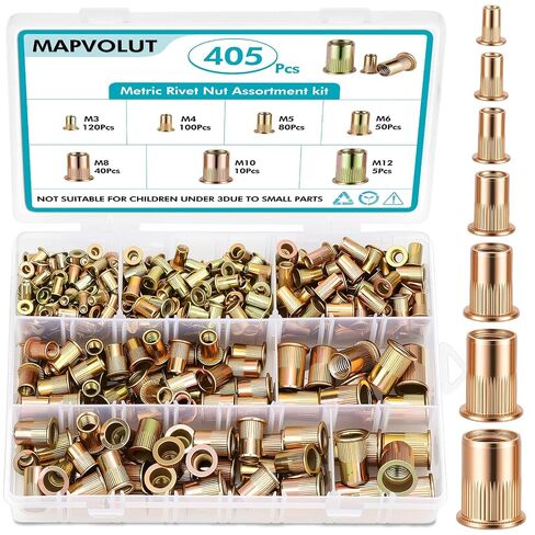 مجموعة متنوعة من صواميل البرشام المترية من MAPVOLUT مكونة من 405 قطعة | M3-M12 UNC رأس مسطح ملولب مجموعة Nutsert للمعادن | صواميل من الفولاذ الكربوني المطلي بالزنك مع حقيبة تخزين متينة in Kuwait