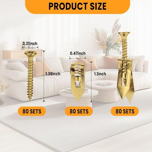 160 Pcs Self Drilling Drywall Anchors with Screws Kit - 80 Pcs Metal Drywall Anchors (0.47X1.18 in) & Sheetrock Screws, Easy Application No Drill Needed, Holds 66 lbs for Wall Hanging Kit in Kuwait