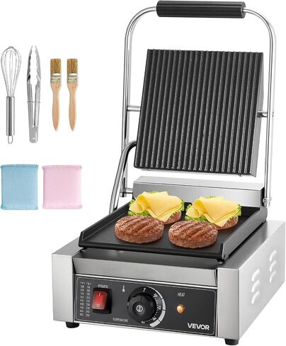 VEVOR Commercial Panini Grill, 1800W Electric Sandwich Panini Maker, Stainless Steel Sandwichs Press Grill with Handle and Temp Control, 8.8x9 in Flat Enamel Plate, for Hamburger Steak Bacon in Saudi Arabia