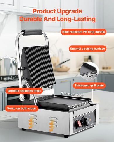 VEVOR Commercial Panini Grill, 1800W Electric Sandwich Panini Maker, Stainless Steel Sandwichs Press Grill with Handle and Temp Control, 8.8x9 in Flat Enamel Plate, for Hamburger Steak Bacon in Saudi Arabia
