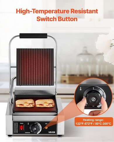 VEVOR Commercial Panini Grill, 1800W Electric Sandwich Panini Maker, Stainless Steel Sandwichs Press Grill with Handle and Temp Control, 8.8x9 in Flat Enamel Plate, for Hamburger Steak Bacon in Saudi Arabia