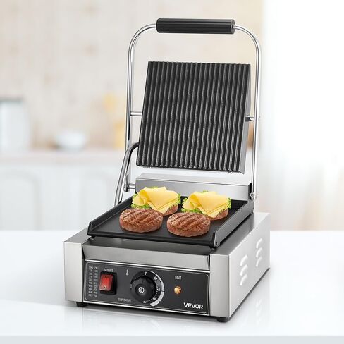 VEVOR Commercial Panini Grill, 1800W Electric Sandwich Panini Maker, Stainless Steel Sandwichs Press Grill with Handle and Temp Control, 8.8x9 in Flat Enamel Plate, for Hamburger Steak Bacon in Saudi Arabia