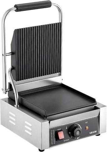 VEVOR Commercial Panini Grill, 1800W Electric Sandwich Panini Maker, Stainless Steel Sandwichs Press Grill with Handle and Temp Control, 8.8x9 in Flat Enamel Plate, for Hamburger Steak Bacon in Saudi Arabia