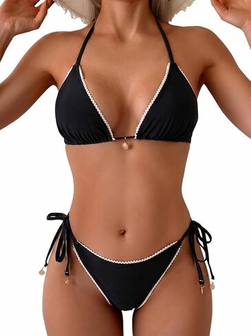 QJQ Women's Triangle 2 Piece Bikini Sets Tie Back Bathing Suit Tie Lace Halter String Swimsuit Swimwear in Saudi Arabia