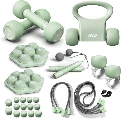 HTQ Adjustable Dumbbells, 5 in 1 Dumbbells Set Used as Barbell, Kettlebells, Jump Rope, Wrist Weights, Resistance Band, Fitness Exercises for Home Gym Suitable for Women, Pink/Green in Kuwait