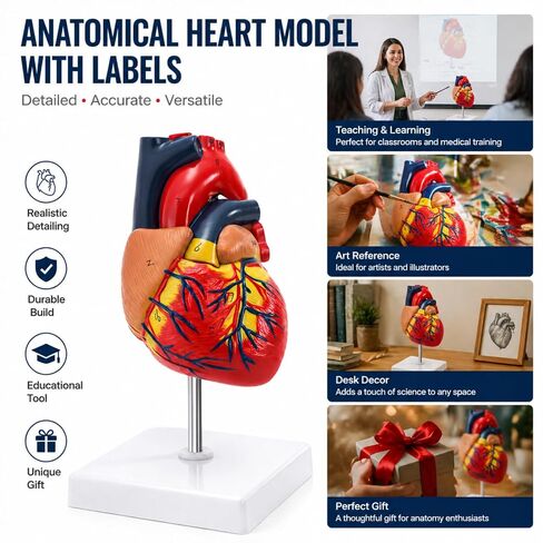 ZENFUN Life Size Human Heart Model, Heart Anatomy Model with 2-Part Magnetic Design with 30 Clearly Labeled Internal Structures, Mounted Display Base for Classroom & Cardiology Study, Educational Use in Kuwait