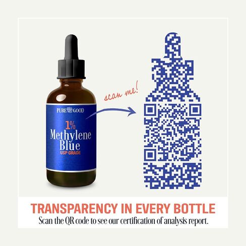سائل PureGood Methyne Blue 1% - 10 مجم لكل 1 مل - 30 مل (1 أونصة سائلة) - حوالي 30 حصة - تم اختباره من قبل طرف ثالث - زجاجة من الزجاج الكهرماني in Kuwait