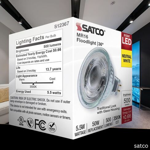 Satco 12V الجهد المنخفض LED MR16 الكاشف 5.5W 50W يعادل 3500K أبيض محايد 90+ CRI 36 Beam GU5.3 Bi-Pin Base Dimmable Clear Finish جزء S12367 (12 حزمة) in Kuwait