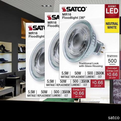 Satco 12V الجهد المنخفض LED MR16 الكاشف 5.5W 50W يعادل 3500K أبيض محايد 90+ CRI 36 Beam GU5.3 Bi-Pin Base Dimmable Clear Finish جزء S12367 (12 حزمة) in Kuwait