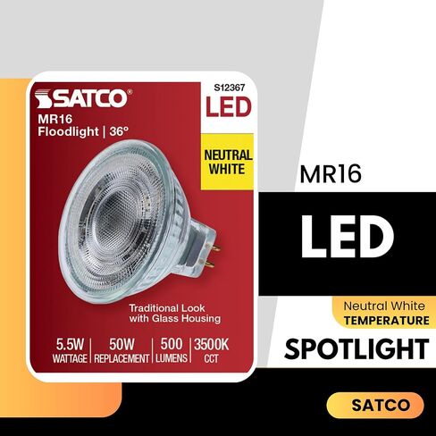 Satco 12V الجهد المنخفض LED MR16 الكاشف 5.5W 50W يعادل 3500K أبيض محايد 90+ CRI 36 Beam GU5.3 Bi-Pin Base Dimmable Clear Finish جزء S12367 (12 حزمة) in Kuwait