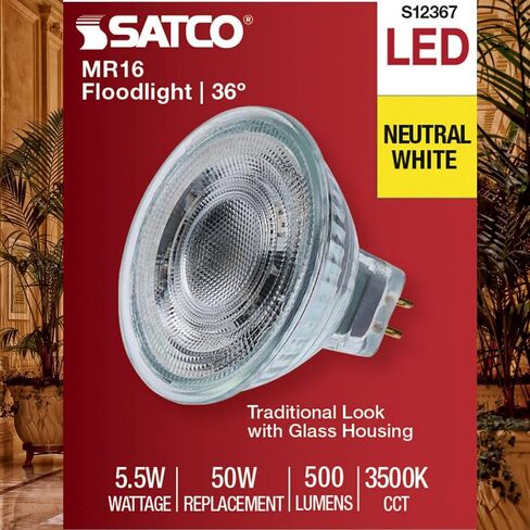 Satco 12V الجهد المنخفض LED MR16 الكاشف 5.5W 50W يعادل 3500K أبيض محايد 90+ CRI 36 Beam GU5.3 Bi-Pin Base Dimmable Clear Finish جزء S12367 (12 حزمة) in Kuwait