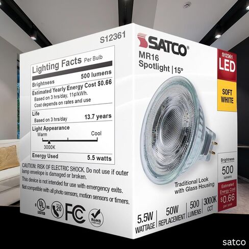Satco 12V الجهد المنخفض LED MR16 ضوء كشاف 5.5W 50W يعادل 3000K أبيض ناعم 90+ CRI 15 درجة شعاع GU5.3 قاعدة ثنائية الدبوس قابلة للتعتيم جزء نهائي شفاف S12361 (6 عبوات) in Kuwait