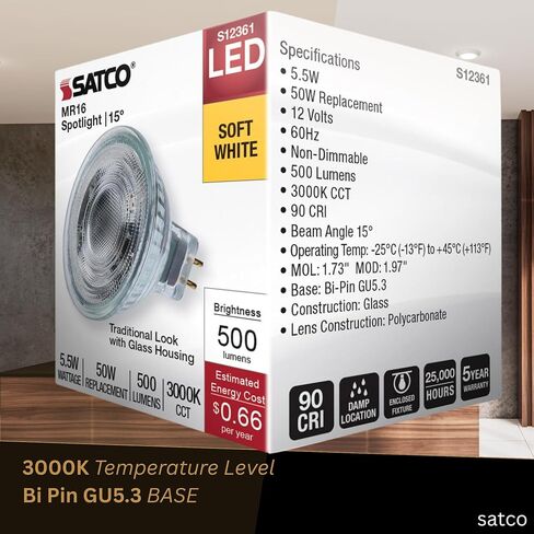 Satco 12V الجهد المنخفض LED MR16 ضوء كشاف 5.5W 50W يعادل 3000K أبيض ناعم 90+ CRI 15 درجة شعاع GU5.3 قاعدة ثنائية الدبوس قابلة للتعتيم جزء نهائي شفاف S12361 (6 عبوات) in Kuwait