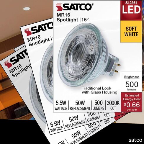 Satco 12V الجهد المنخفض LED MR16 ضوء كشاف 5.5W 50W يعادل 3000K أبيض ناعم 90+ CRI 15 درجة شعاع GU5.3 قاعدة ثنائية الدبوس قابلة للتعتيم جزء نهائي شفاف S12361 (6 عبوات) in Kuwait