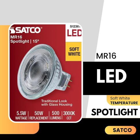 Satco 12V الجهد المنخفض LED MR16 ضوء كشاف 5.5W 50W يعادل 3000K أبيض ناعم 90+ CRI 15 درجة شعاع GU5.3 قاعدة ثنائية الدبوس قابلة للتعتيم جزء نهائي شفاف S12361 (6 عبوات) in Kuwait