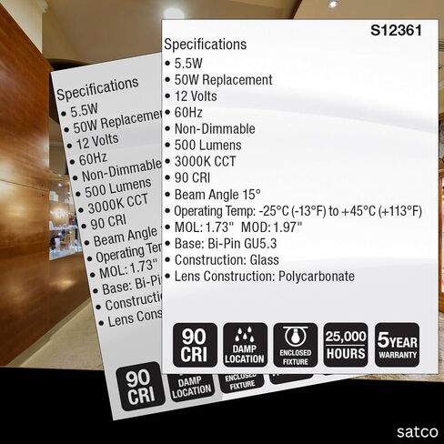 Satco 12V الجهد المنخفض LED MR16 ضوء كشاف 5.5W 50W يعادل 3000K أبيض ناعم 90+ CRI 15 درجة شعاع GU5.3 قاعدة ثنائية الدبوس قابلة للتعتيم جزء نهائي شفاف S12361 (6 عبوات) in Kuwait