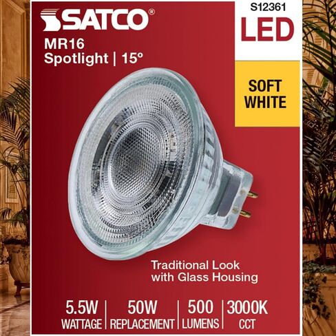 Satco 12V الجهد المنخفض LED MR16 ضوء كشاف 5.5W 50W يعادل 3000K أبيض ناعم 90+ CRI 15 درجة شعاع GU5.3 قاعدة ثنائية الدبوس قابلة للتعتيم جزء نهائي شفاف S12361 (6 عبوات) in Kuwait