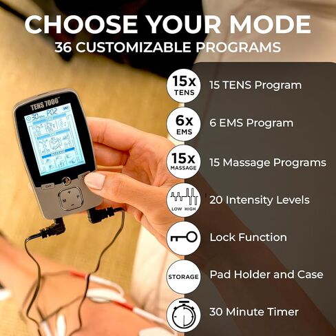 TENS 7000 3-in-1 Combo TENS Unit Muscle Stimulator, Back Pain Relief, Sciatica, Neck, Shoulder, Muscle Pain, Electronic Pulse Massage, 36 Customizable Programs, 4 Electrode Pads in Kuwait