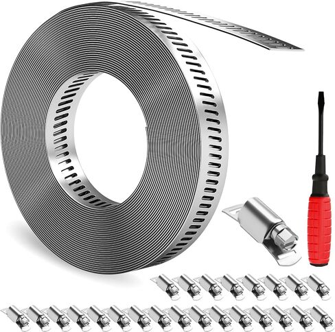 GASHER 32FT 304 مجموعة مشابك خرطوم من الفولاذ المقاوم للصدأ DIY، ربط معدني بفتحات + 25 مشبك أقوى، مشابك دودة أنابيب قابلة للتعديل، للقناة، المبرد، خط الوقود، حمام السباحة، الأنابيب in Kuwait