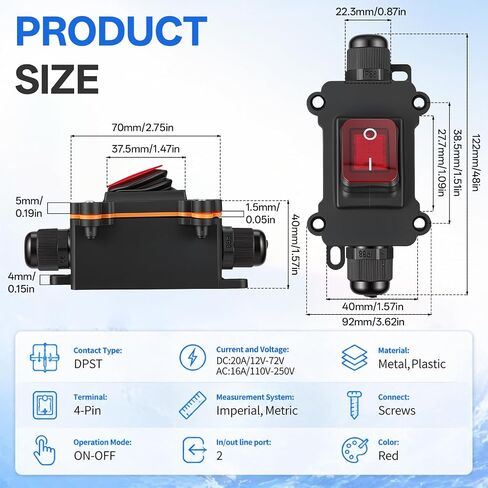12V Inline Switch, IP67 Waterproof Inline Cord Switch with Red Indicator Light Heavy Duty 12 Volt Toggle Switchs On-Off Two Side Entry and Exit Line for Automotive Marine Outdoor Equipment in Kuwait