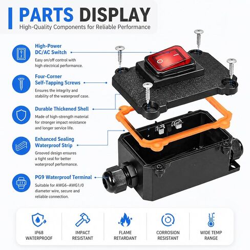 12V Inline Switch, IP67 Waterproof Inline Cord Switch with Red Indicator Light Heavy Duty 12 Volt Toggle Switchs On-Off Two Side Entry and Exit Line for Automotive Marine Outdoor Equipment in Kuwait
