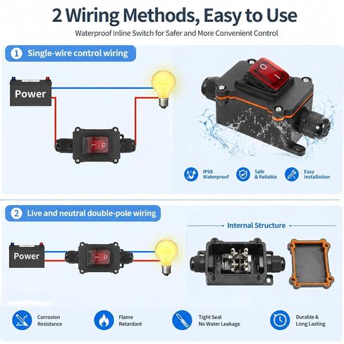 12V Inline Switch, IP67 Waterproof Inline Cord Switch with Red Indicator Light Heavy Duty 12 Volt Toggle Switchs On-Off Two Side Entry and Exit Line for Automotive Marine Outdoor Equipment in Kuwait