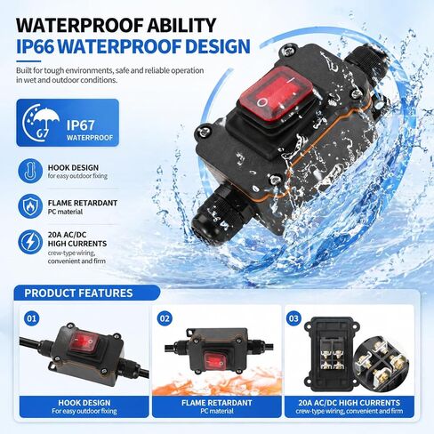 12V Inline Switch, IP67 Waterproof Inline Cord Switch with Red Indicator Light Heavy Duty 12 Volt Toggle Switchs On-Off Two Side Entry and Exit Line for Automotive Marine Outdoor Equipment in Kuwait
