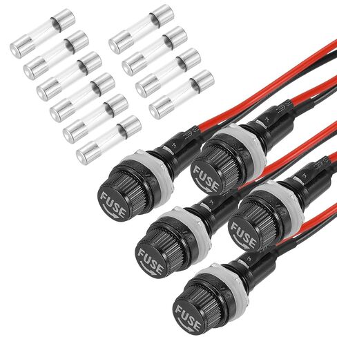 MECCANIXITY 5 Pcs Panel Mount Fuse Holder, 5 x 20mm 10/15A DC 125/250V Ring Terminal Screw Cap Fuse Holders with Pre-Soldered Wires and 3A Glass Tube Fuses in Kuwait