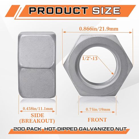 Yaocom 200 Pack 1/2"-13 Hex Nuts Hot-Dipped Galvanized Nut Steel Coarse Thread Nuts Bulk for Construction Industrial in Kuwait