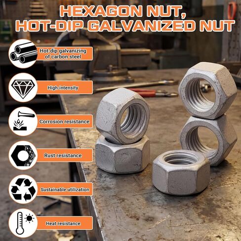 Yaocom 200 Pack 1/2"-13 Hex Nuts Hot-Dipped Galvanized Nut Steel Coarse Thread Nuts Bulk for Construction Industrial in Kuwait